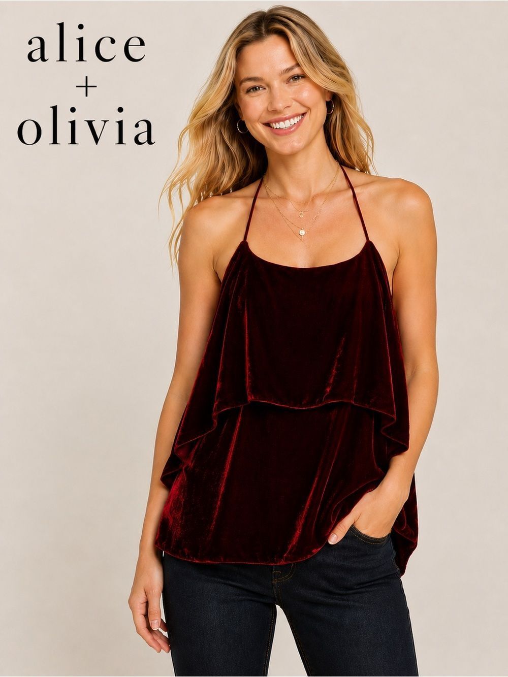 NWOT Alice + Olivia Deep Red Velour Camisole Top